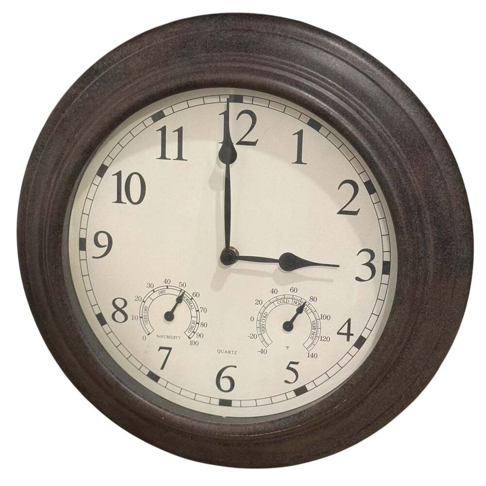 Wall Clock With Thermometer Humidity Gauge Indoor Outdoor Patio Bronze Quartz
